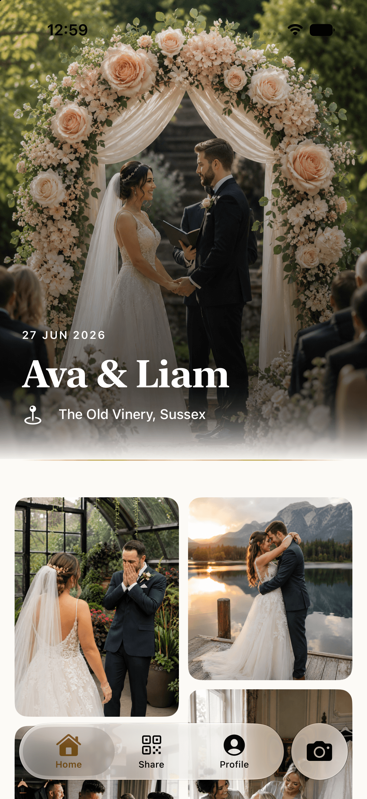 My Guest Album home screen for Ava and Liam wedding at The Old Vinery, Sussex