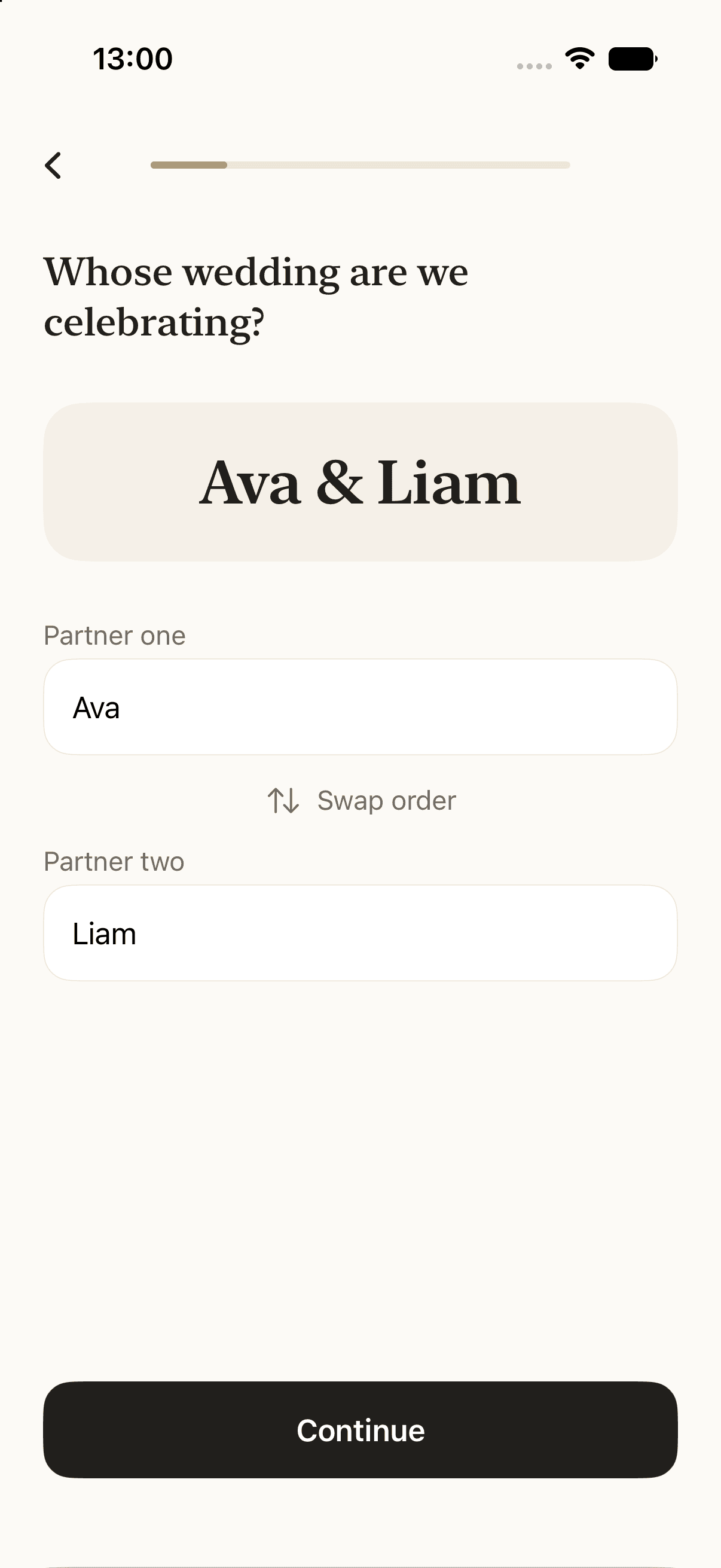 My Guest Album setup screen asking whose wedding is being celebrated, with Ava and Liam entered