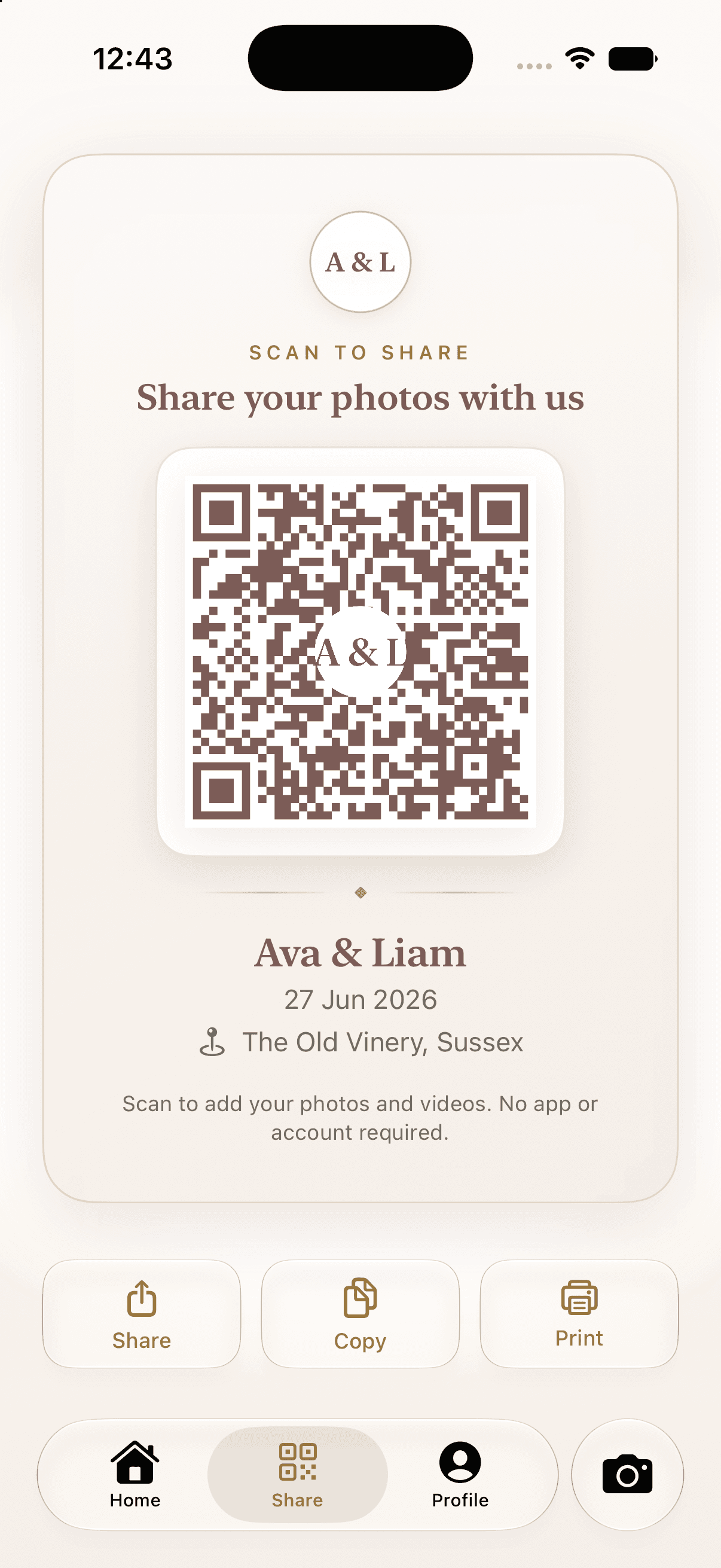 My Guest Album share screen with QR code for Ava and Liam wedding at The Old Vinery, Sussex
